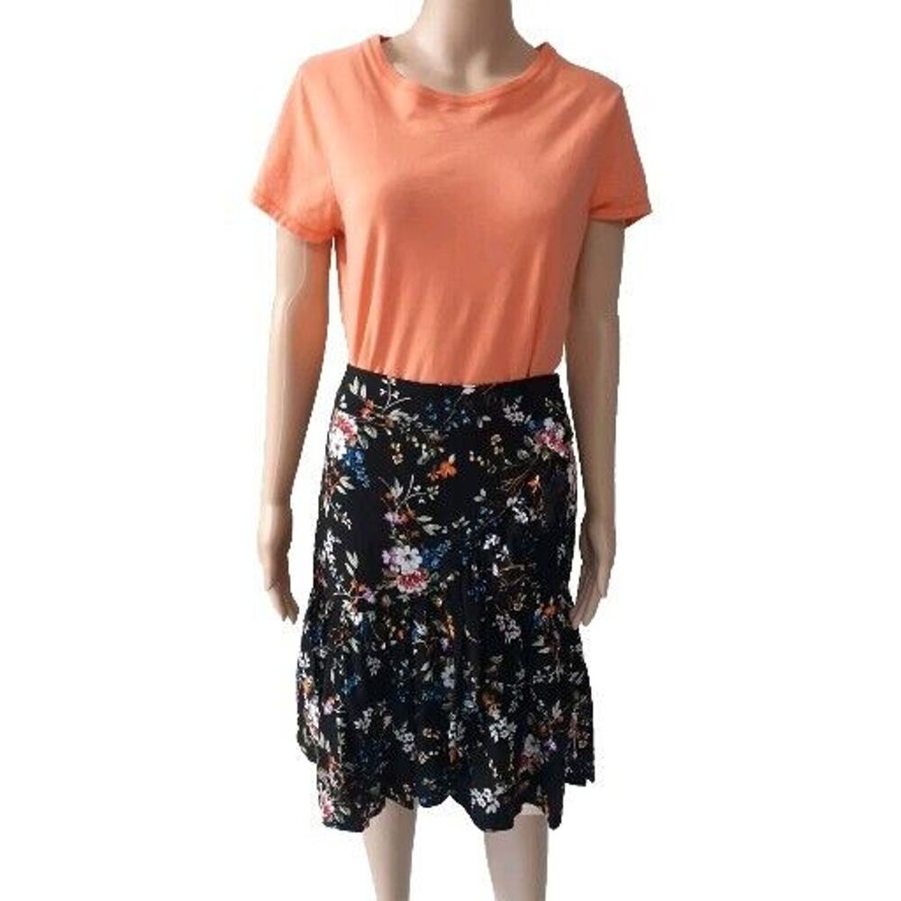 Women's Medium Black Floral Elastic Waist Mock Wrap Ruffle Skirt - A New Day